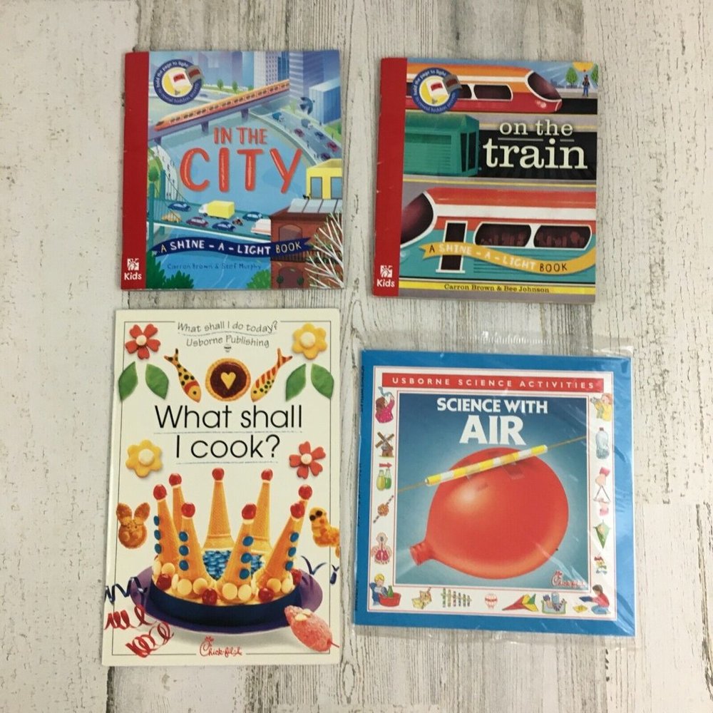 Lot 4 Chick-fil-a Usborne Books Kids Shine-a-Light City Train Science with Air